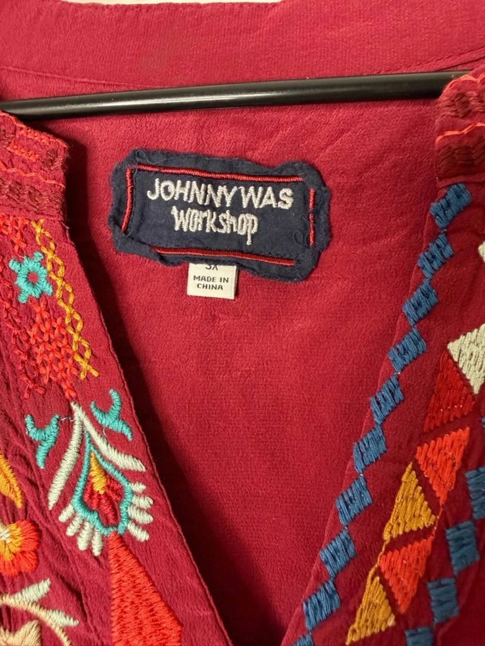 Johnny Was Burgundy Embroidered V-Neck Boho Tunic - Picture 2 of 5